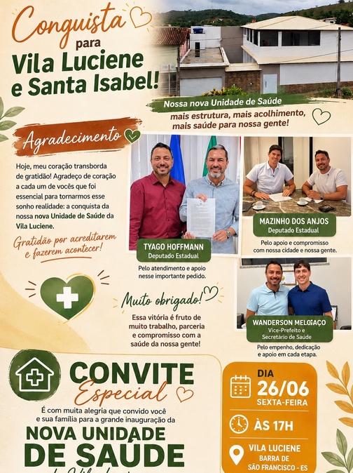 Vereador Pedrinho Godoy convida para inauguração da Unidade de Atendimento da Saúde na Vila Luciene
