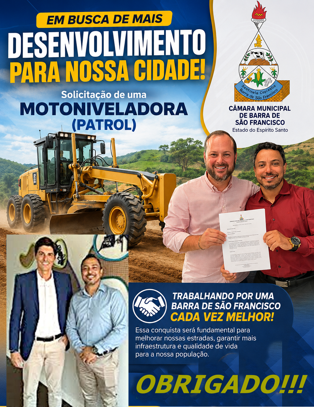 Vereador Pedrinho Godoy comemora chegada de motoniveladora para o município