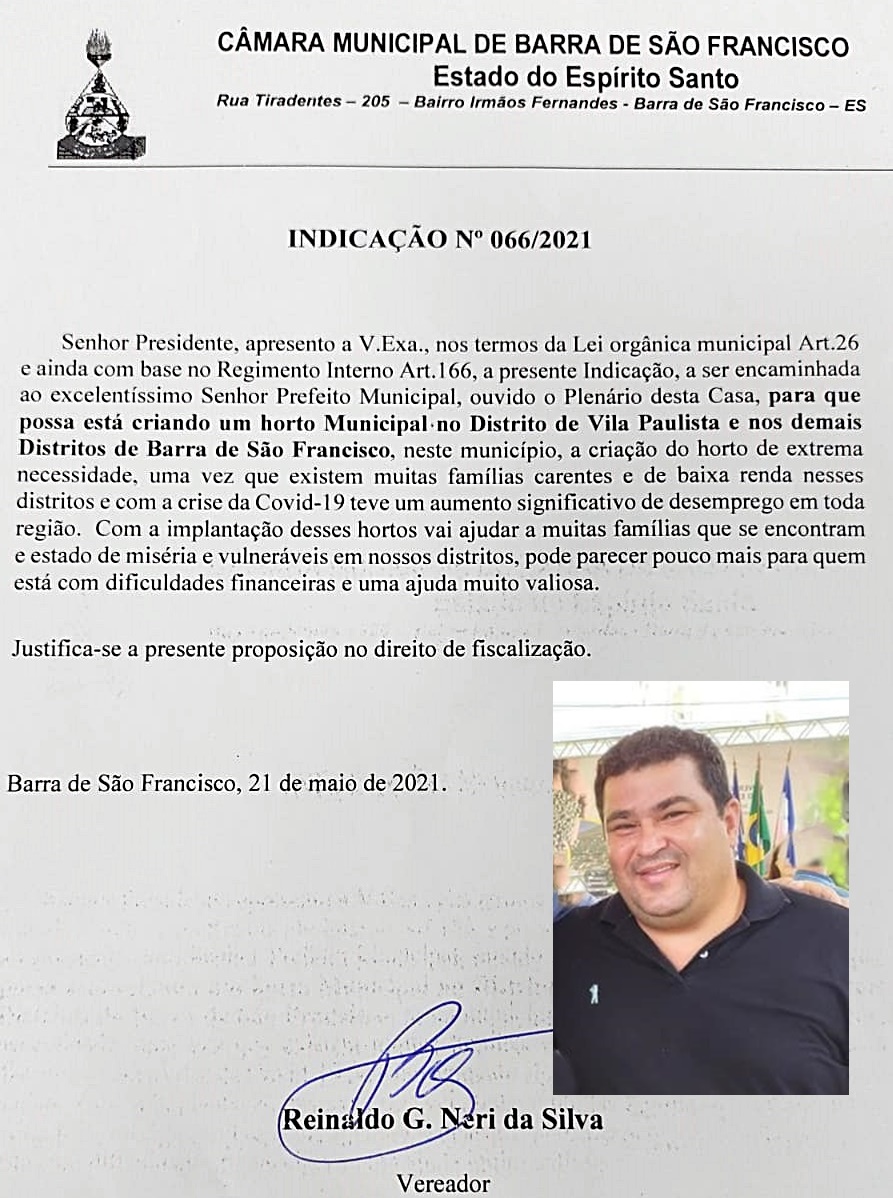 Reinaldo Borrinha faz indicação para que Executivo crie Horto Municipal nos distrtitos