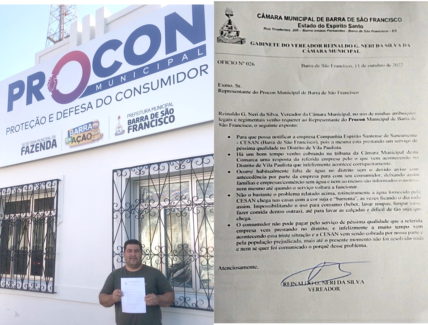 Vereador Borrinha vai ao Procon para denunciar contra a Cesan sobre água potável no distrito de Vila Paulista