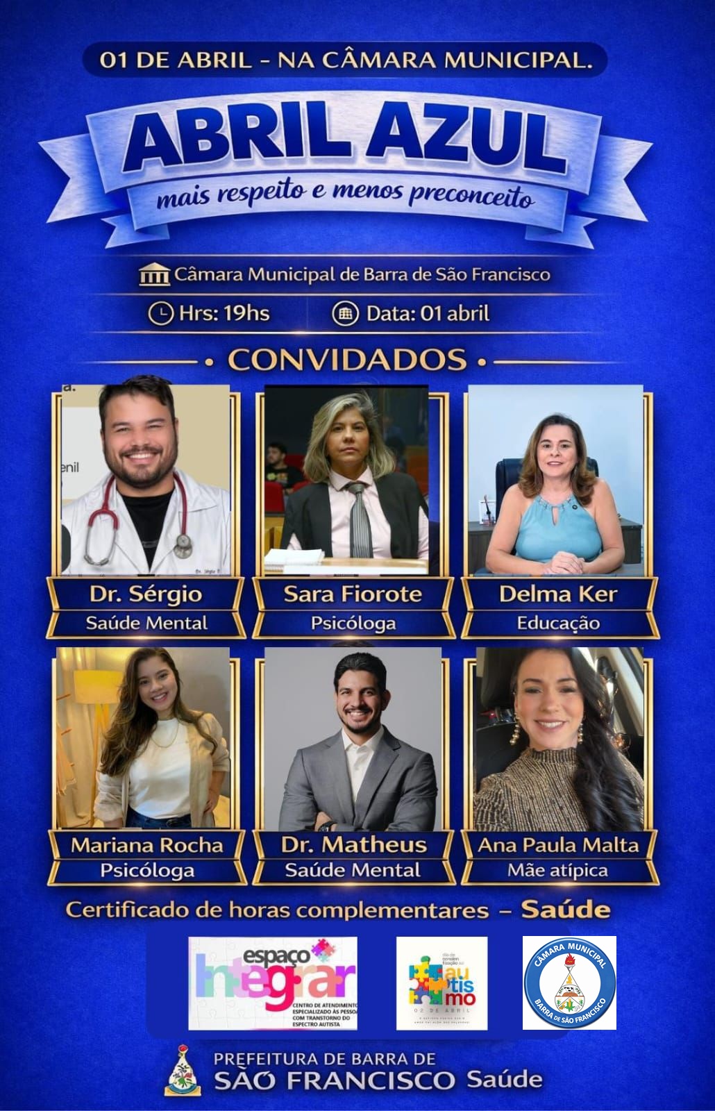 Abril Azul para conscientização sobre o autismo acontece na Câmara Municipal nesta quarta feira dia 1 