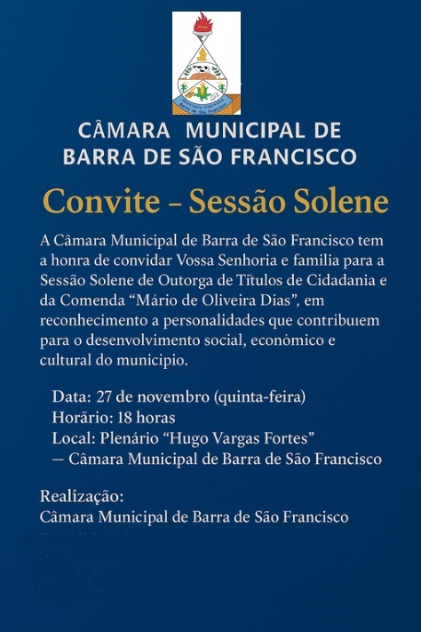 Nesta quinta dia 27 acontece a Sessão Solene para outorgas de Título de Cidadania e Comenda Vereador Mário de Oliveira Dias