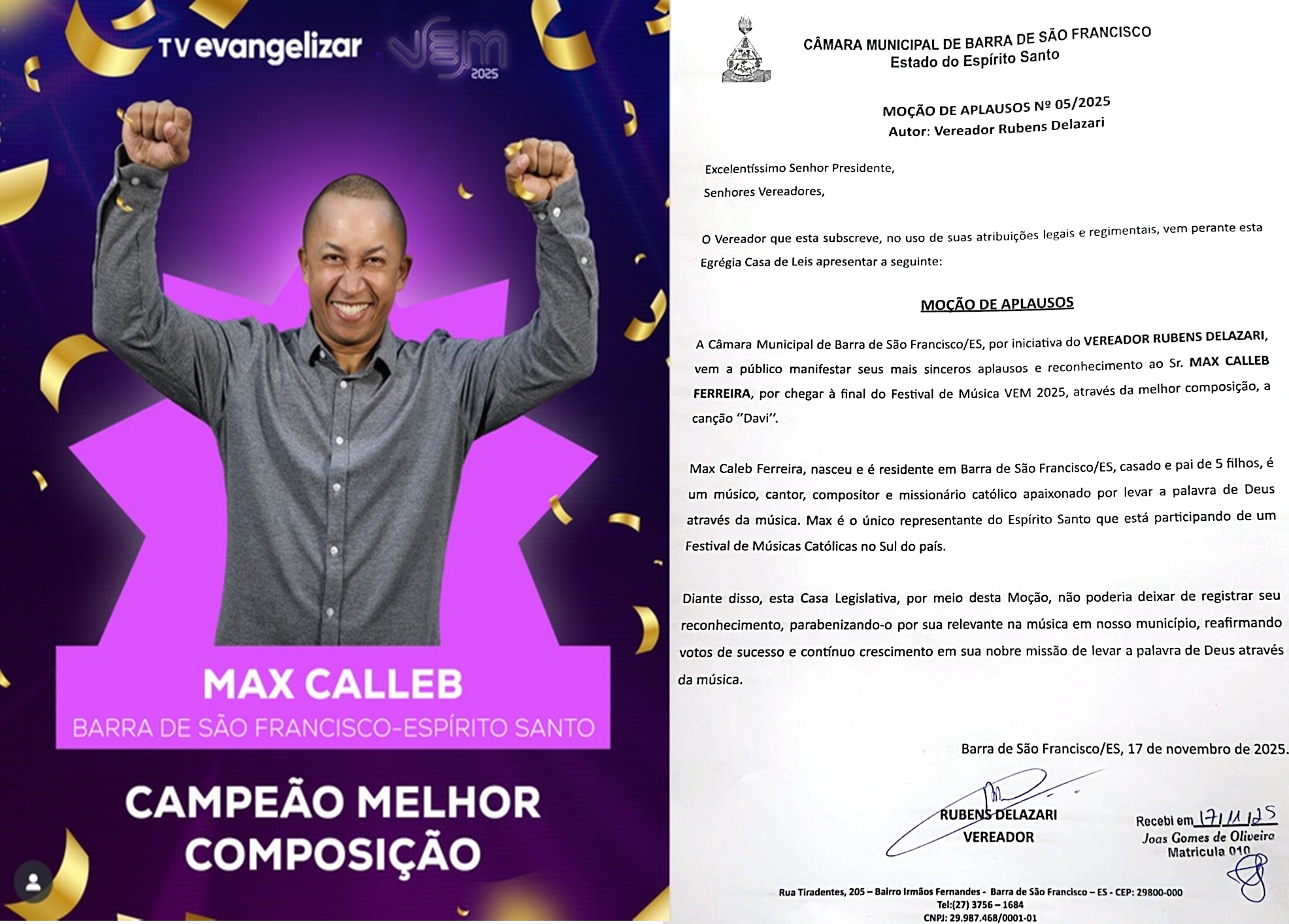  Moção de Aplausos do vereador Rubens Delazari para o cantor Max Calleb será apresentada na sessão de logo mais