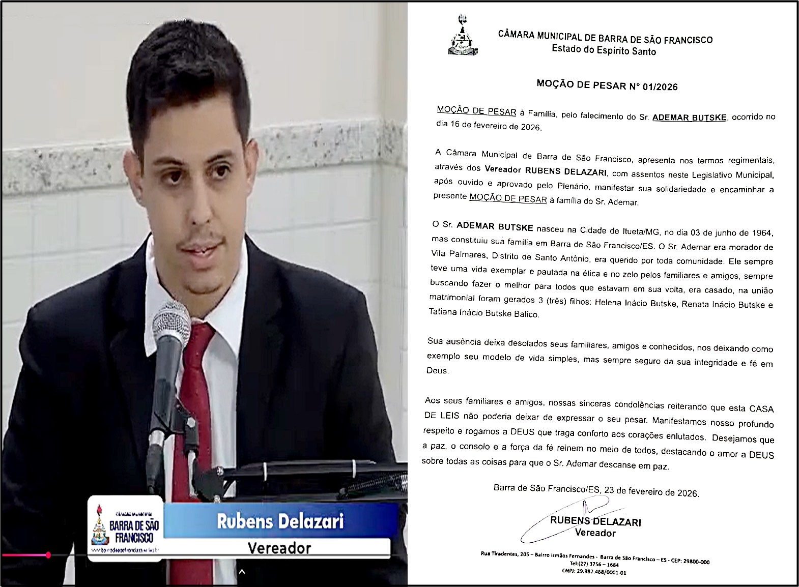 Moção de Pesar é aprovada para Família de Ademar Butske 